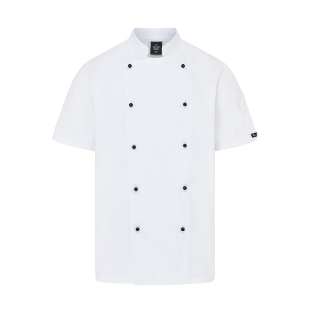 Vocal Chef professional white chef jacket stealth vented back design double breasted black buttons UK