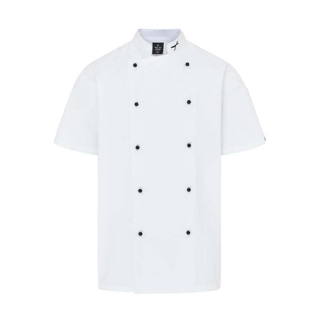 Vocal Chef professional white chef jacket subtle vented back design double breasted black buttons UK