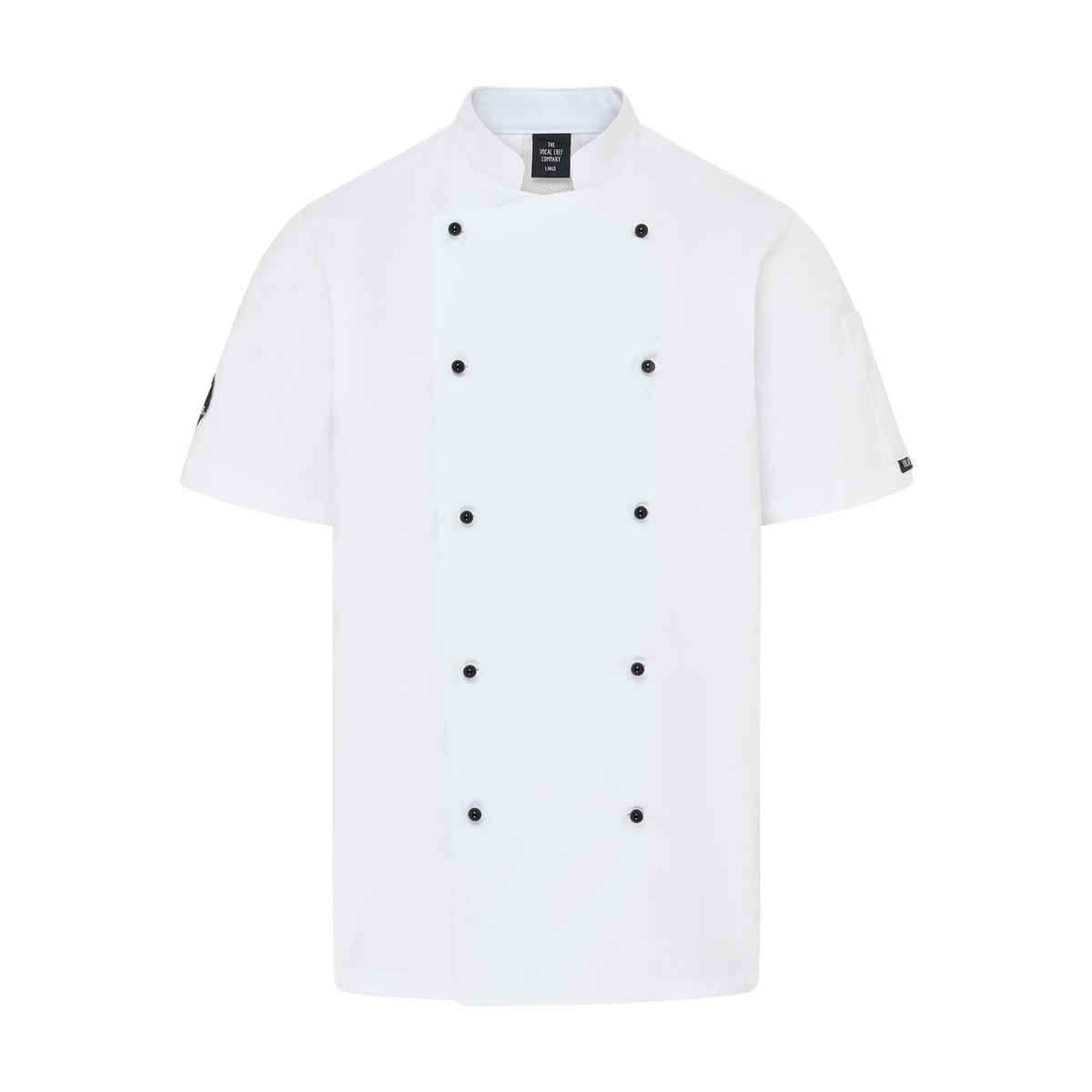 Vocal Chef professional white chef jacket original vented back design double breasted black buttons UK