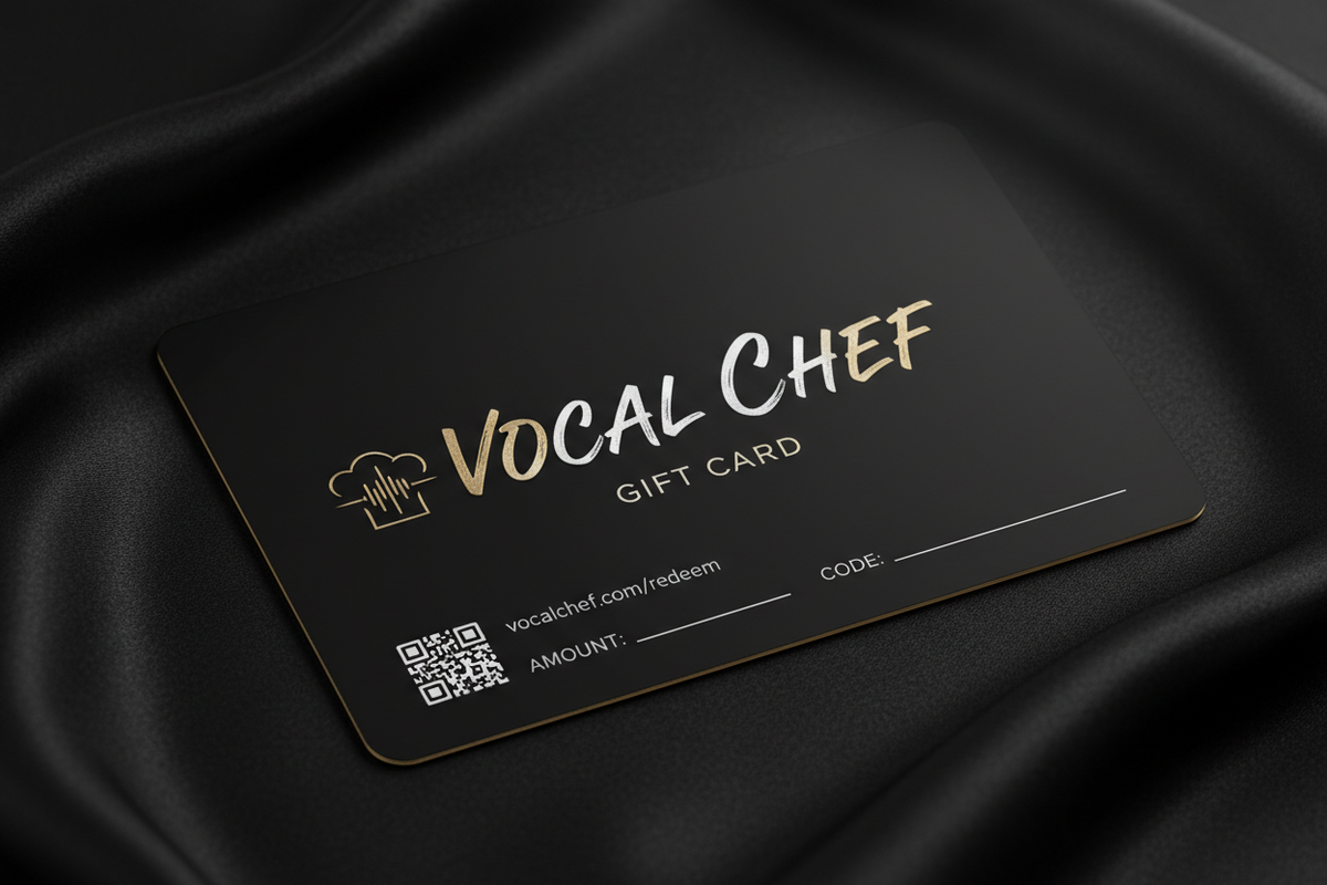 Vocal Chef premium gift card on black satin fabric with gold lettering and QR code