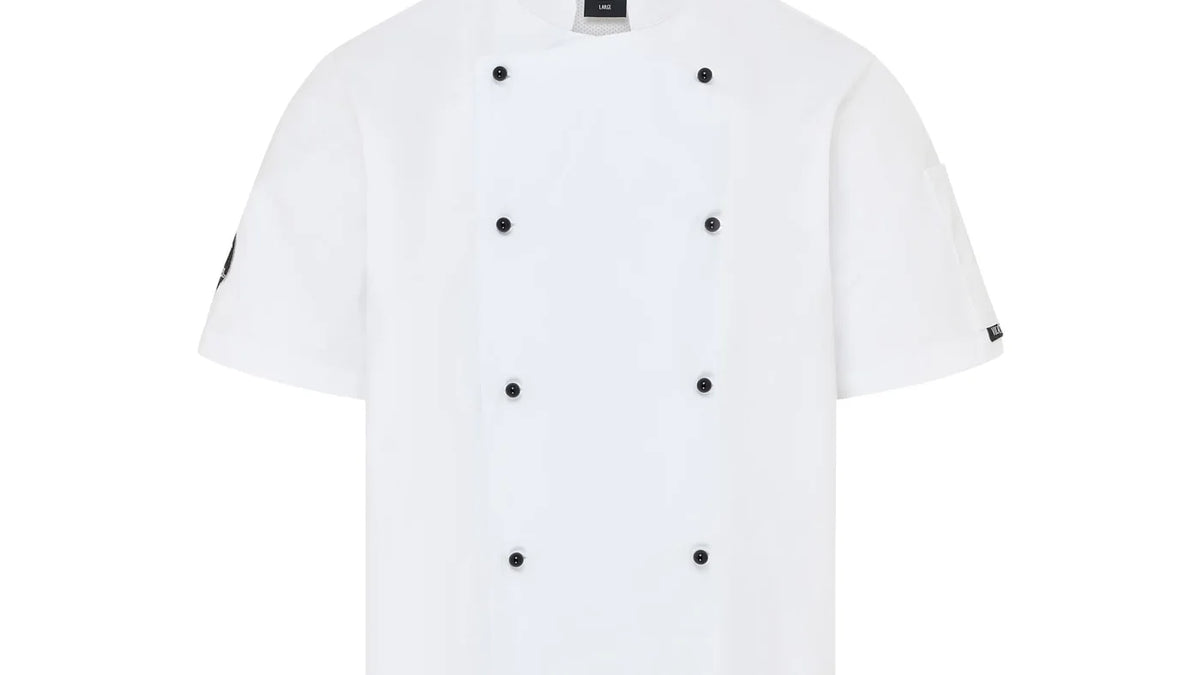 A white double-breasted chef jacket