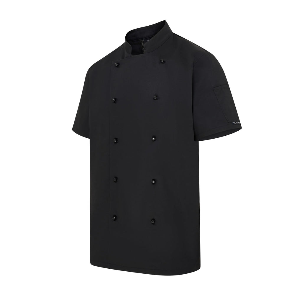 Vocal Chef professional black chef jacket stealth vented back design double breasted black buttons UK