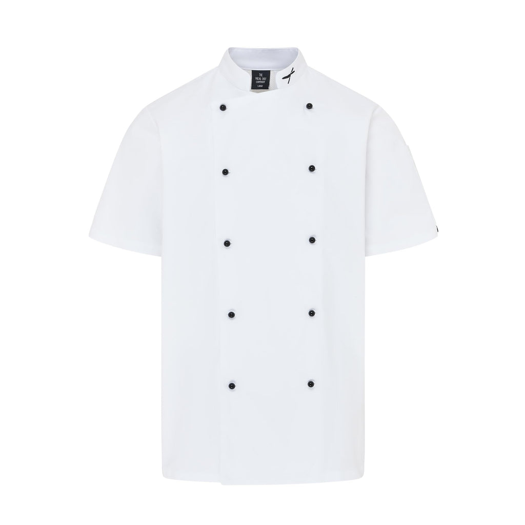 Vocal Chef professional white chef jacket subtle vented back design double breasted black buttons UK