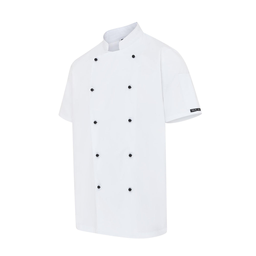 Vocal Chef professional white chef jacket stealth vented back design double breasted black buttons UK