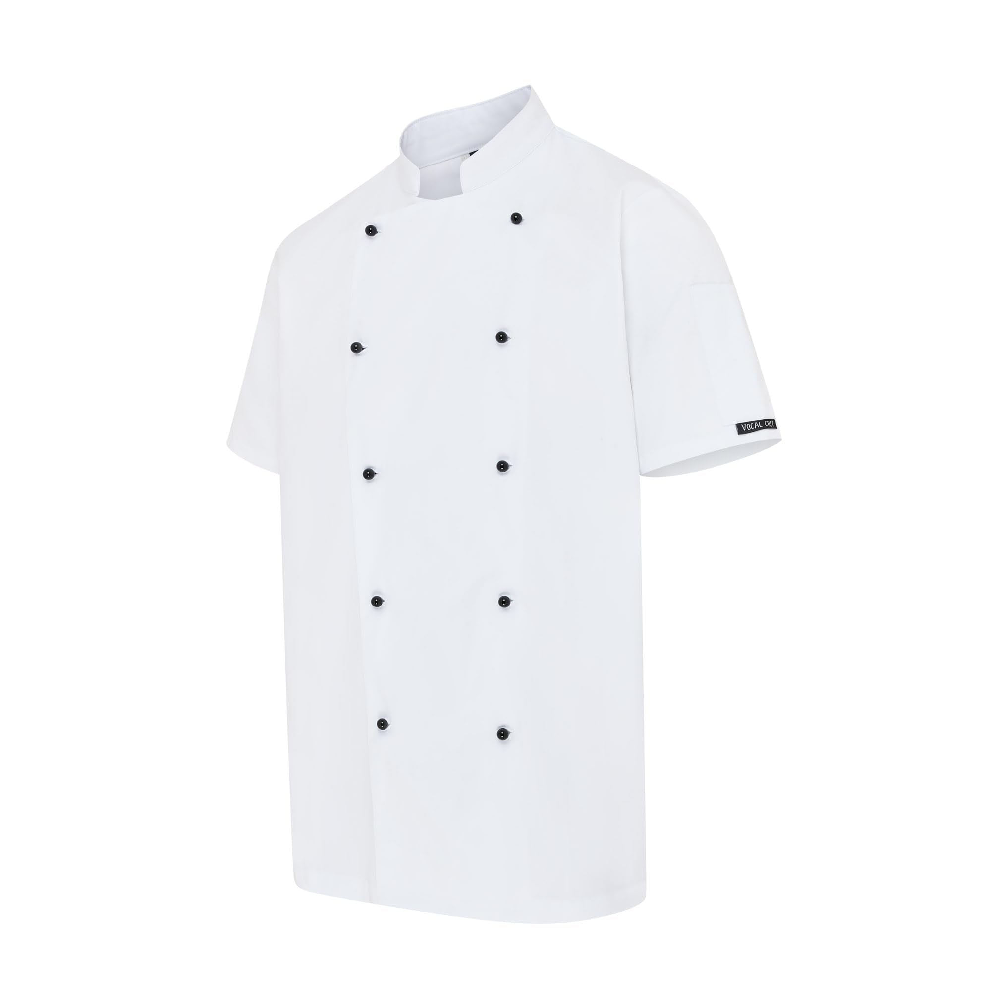 Vocal Chef professional white chef jacket stealth vented back design double breasted black buttons UK