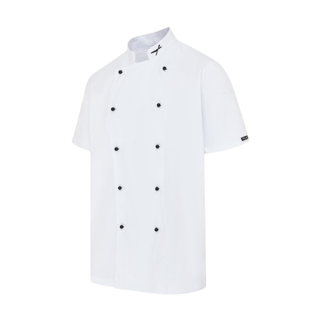 Vocal Chef professional white chef jacket subtle vented back design double breasted black buttons UK