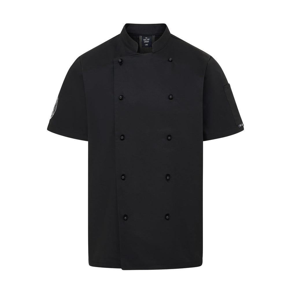 Vocal Chef professional black chef jacket original vented back design double breasted black buttons UK