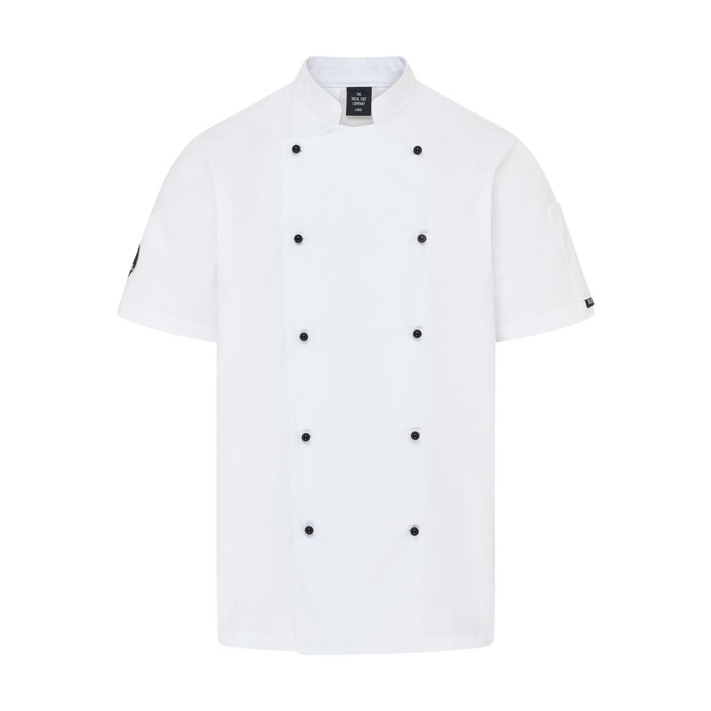 Vocal Chef professional white chef jacket original vented back design double breasted black buttons UK