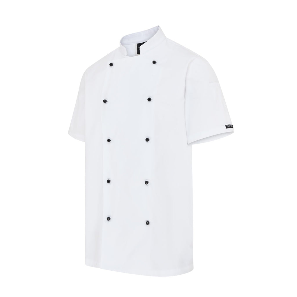 Vocal Chef professional white chef jacket original vented back design double breasted black buttons UK