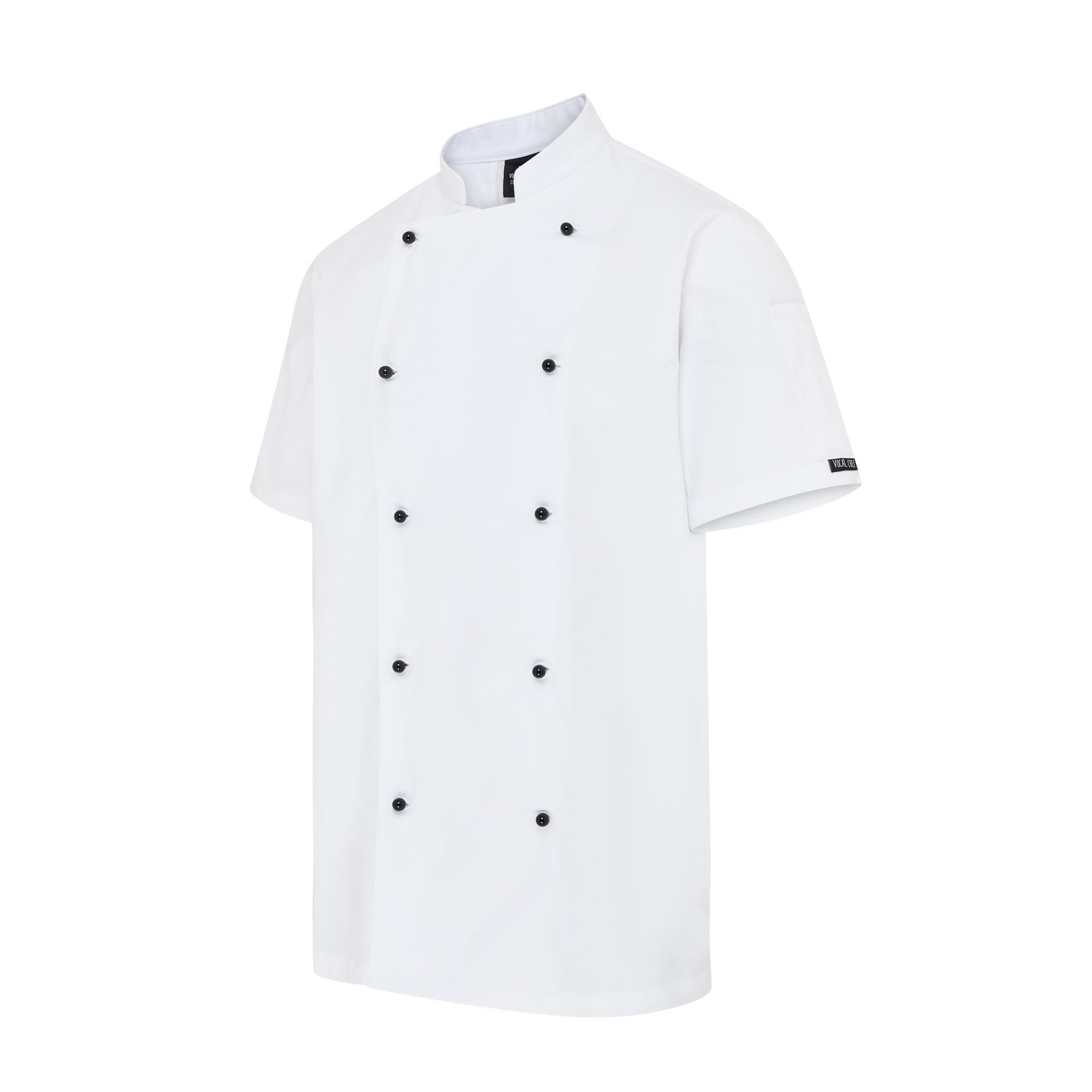 Vocal Chef professional white chef jacket original vented back design double breasted black buttons UK