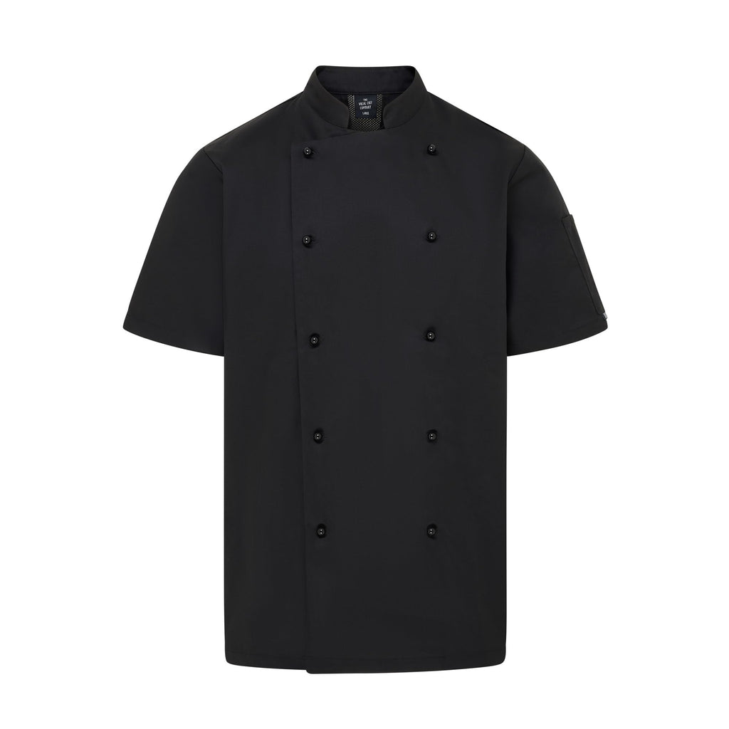 Vocal Chef professional black chef jacket stealth vented back design double breasted black buttons UK