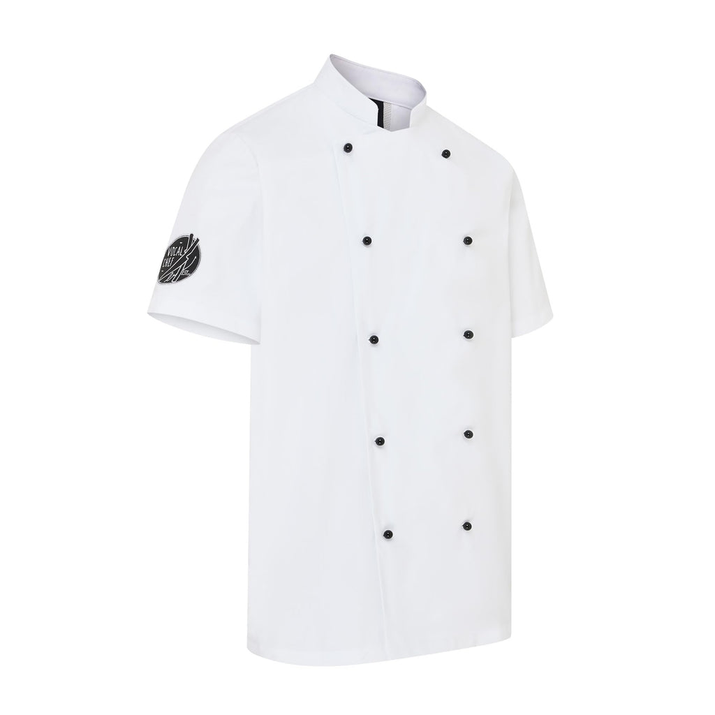 Vocal Chef professional white chef jacket original vented back design double breasted black buttons UK