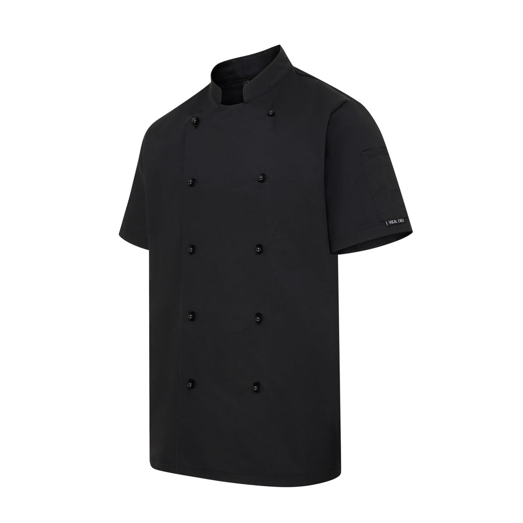 Vocal Chef professional black chef jacket original vented back design double breasted black buttons UK
