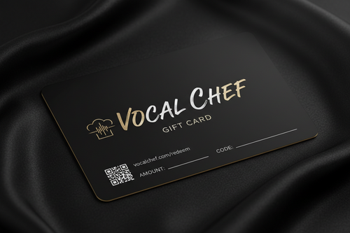 Vocal Chef premium gift card on black satin fabric with gold lettering and QR code