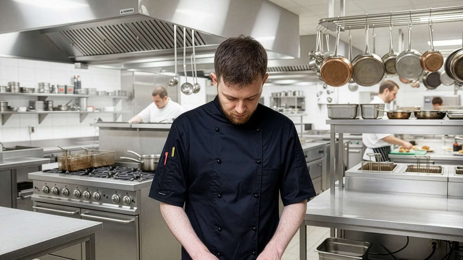 Chefs working a service line in a commercial kitchen