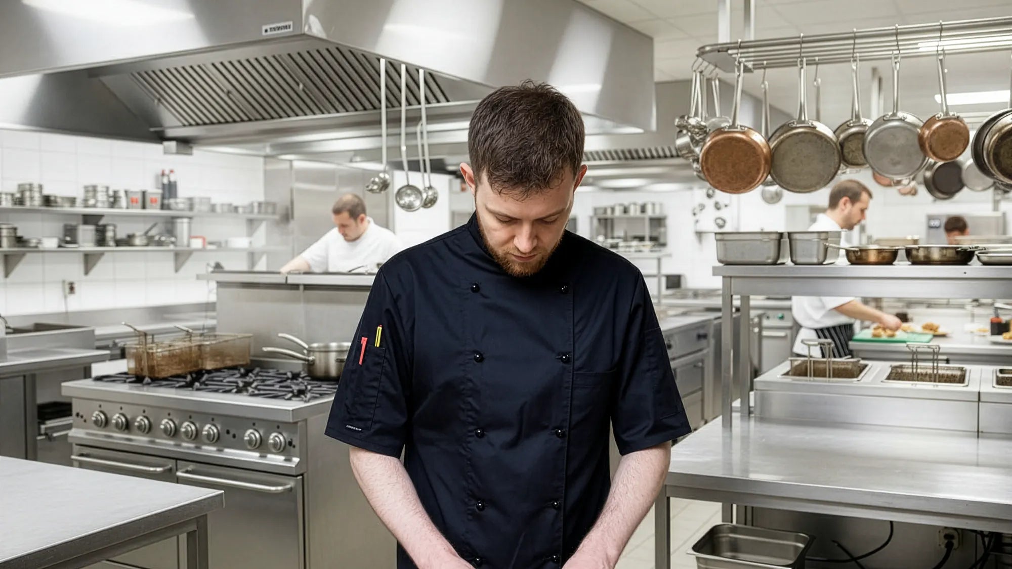 Chef on the pass in a black Vocal Chef vented jacket